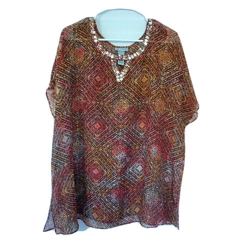 Catherines Women Plus Size 1X 18/20W Multi Boho Print Embellished Sheer Blouse